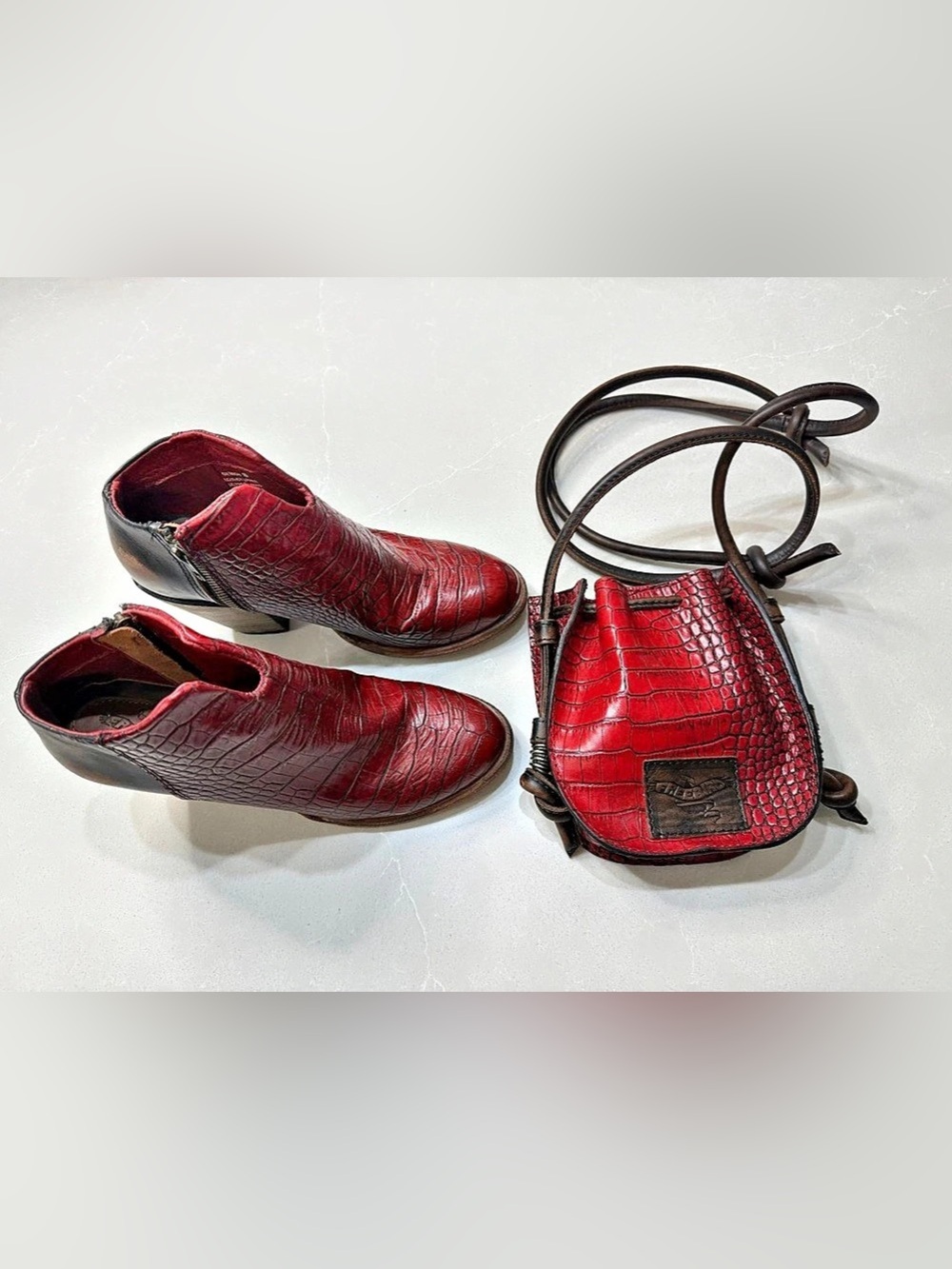 FREEBIRD by Steven Detroit Red Croco Leather Ankle Booties Size 8 & Matching Bag